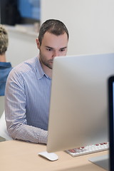 Image showing startup business, software developer working on desktop computer