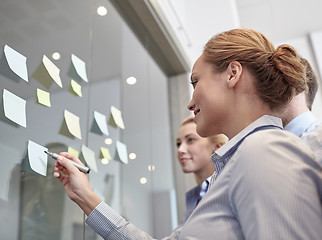 Image showing smiling business people with marker and stickers