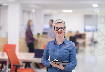 Image showing portrait of young business woman at office with team in backgrou