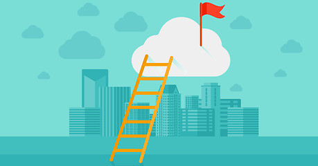 Image showing Ladder and flag on top of the cloud on city background.