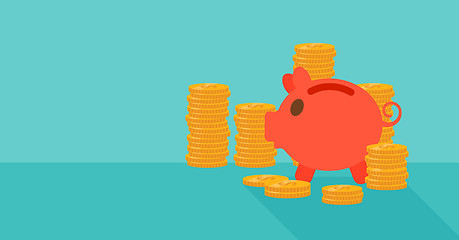 Image showing Blue background of piggy bank and golden coins.