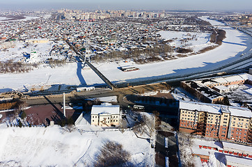 Image showing Pedestrian Lovers Bridge during winter. Tyumen