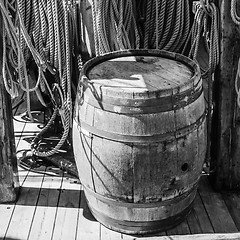 Image showing an old wooden barrel on the deck of a sailboat  