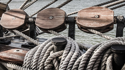 Image showing Blocks and rigging at the old sailboat, close-up