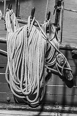 Image showing Blocks and rigging at the old sailboat, close-up