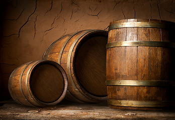 Image showing Three wooden barrels