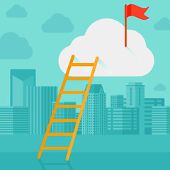 Image showing Ladder and flag on top of the cloud on city background.