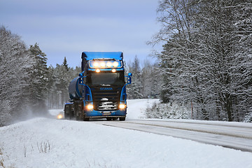 Image showing Blue Scania Tank Truck on Blue Winter Road