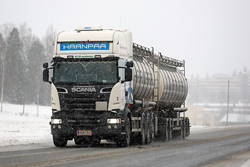 Image showing White Scania R730 Tank Truck in Snowfall