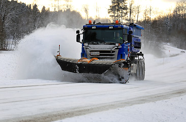 Image showing Scania Truck with Snowplow Clears Highway