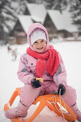 Image showing little girl sitting on sledges