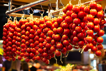 Image showing Tomatoes at a stand in the Boqueria Market, in Barcelona, Spain.