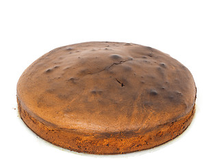 Image showing Whole circular shaped chocolate cake towards white