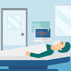 Image showing Patient lying in hospital  bed with heart monitor.