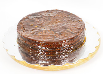 Image showing Half stage on sacher torte chocolate cake on silver mirror plate