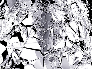 Image showing Pieces of Broken Shattered black glass isolated on black