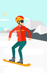 Image showing Young woman snowboarding.