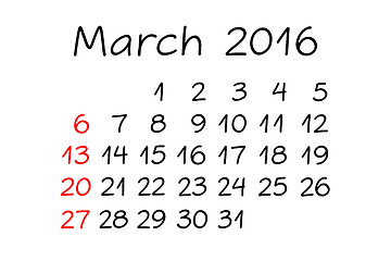 Image showing March Year 2016 Calendar Handwritten