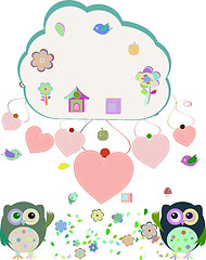 Image showing owls, birds, flowers, cloud and love heart, vector illustration