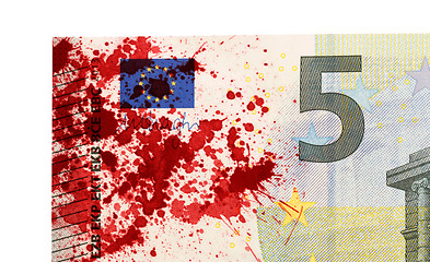 Image showing Close-up of a 5 euro bank note, stained with blood