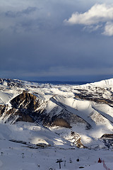 Image showing Top view of the ski resort at sun evening