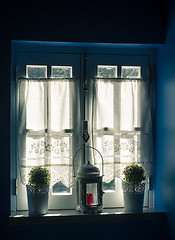 Image showing Vintage Window and Curtain with Flower Pots and Old Lamp