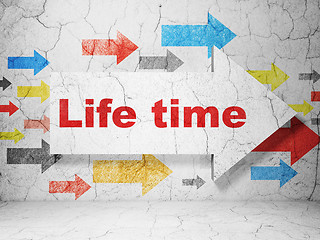 Image showing Timeline concept: arrow with Life Time on grunge wall background