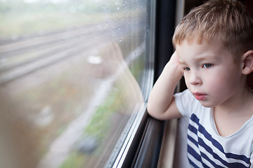 Image showing Boy looking out the window of train