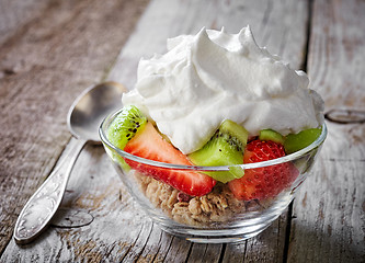 Image showing dessert with fruits and whipped cream