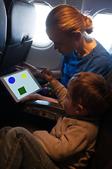 Image showing Young mother and son traveling on an aeroplane