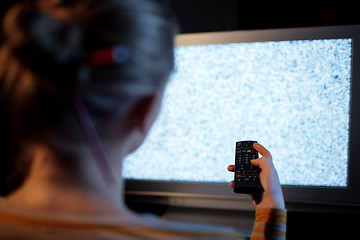 Image showing Woman with remote control in front of TV set