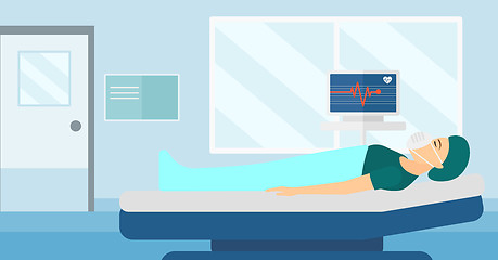 Image showing Patient lying in hospital bed with heart monitor.