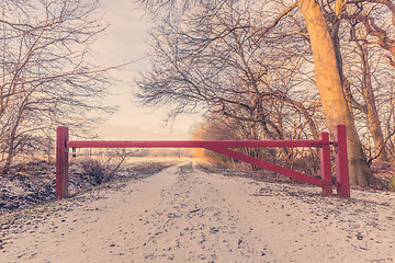 Image showing Wooden barrier on a nature path