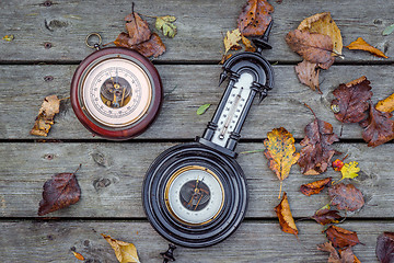 Image showing Two antique barometers on wood