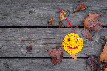 Image showing Autumn smiley on wooden planks