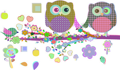 Image showing Valentine boy and girl owls sat on a tree branch, vector illustration