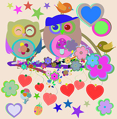 Image showing vector Two cute owls and bird on the flower tree branch