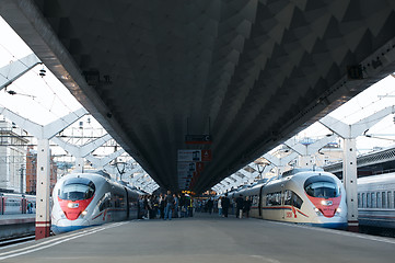 Image showing High speed train Sapsan departs from the railway station