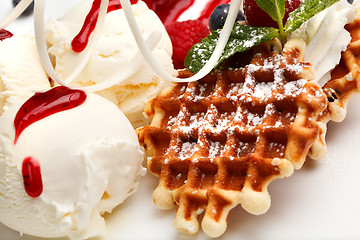 Image showing Restaurant dessert with waffles and ice-cream