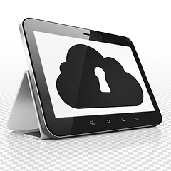 Image showing Cloud computing concept: Tablet Computer with Cloud With Keyhole on display