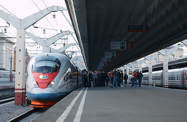 Image showing High speed train Sapsan departs from the railway station