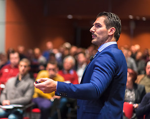 Image showing Public speaker giving talk at Business Event.