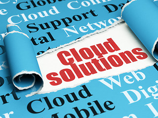 Image showing Cloud networking concept: red text Cloud Solutions under the piece of  torn paper