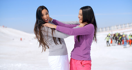 Image showing Joking women strangling each other