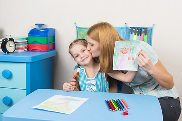 Image showing Mum kisses the daughter because she drew her beautiful