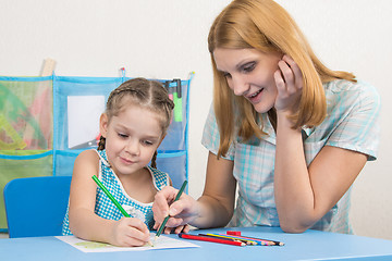 Image showing Five-year girl and young mother together paint a picture with crayons