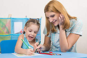 Image showing Five-year girl and young mother having fun drawing happy drawing with crayons