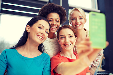 Image showing happy young women taking selfie with smartphone