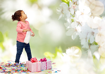 Image showing happy little baby girl with birthday presents