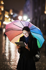 Image showing Brunette woman using tablet on the street on rainy day